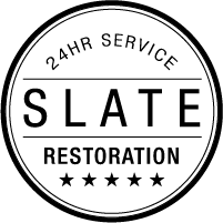 A black and white logo for a company called slate restoration.