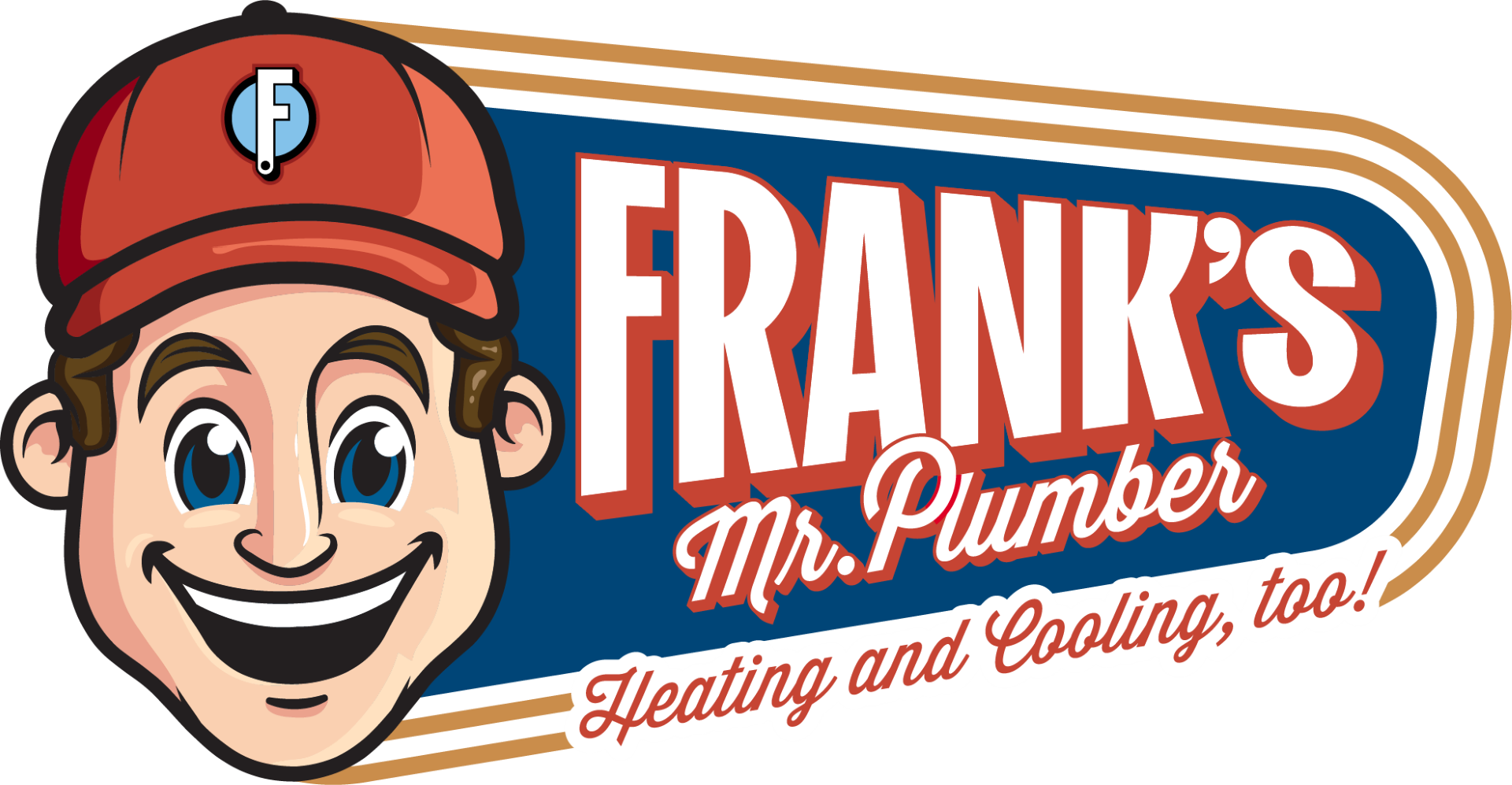 The logo for frank 's mr. plumber shows a smiling plumber wearing a baseball cap.