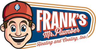 The logo for frank 's mr. plumber shows a smiling plumber wearing a baseball cap.