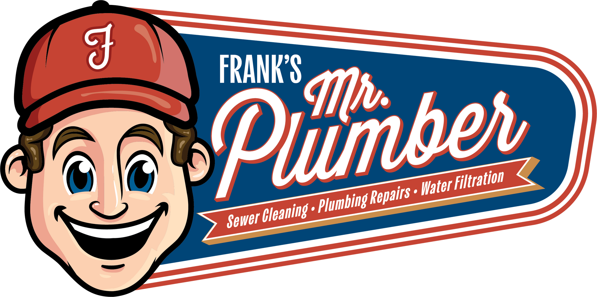 The logo for frank 's plumber has a cartoon character on it.