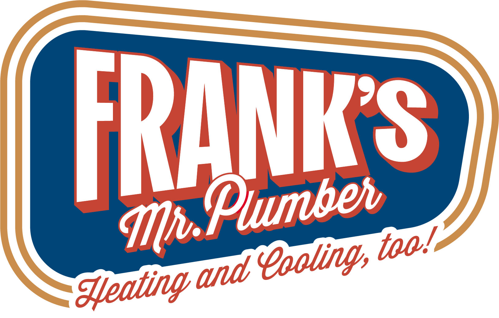 Logo for Frank's Mr. Plumber; blue background with white and red text, and gold border. 