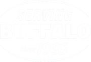 A white logo for a restaurant called buffalo steaks on a white background.
