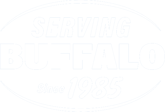 A white logo for a restaurant called buffalo steaks on a white background.