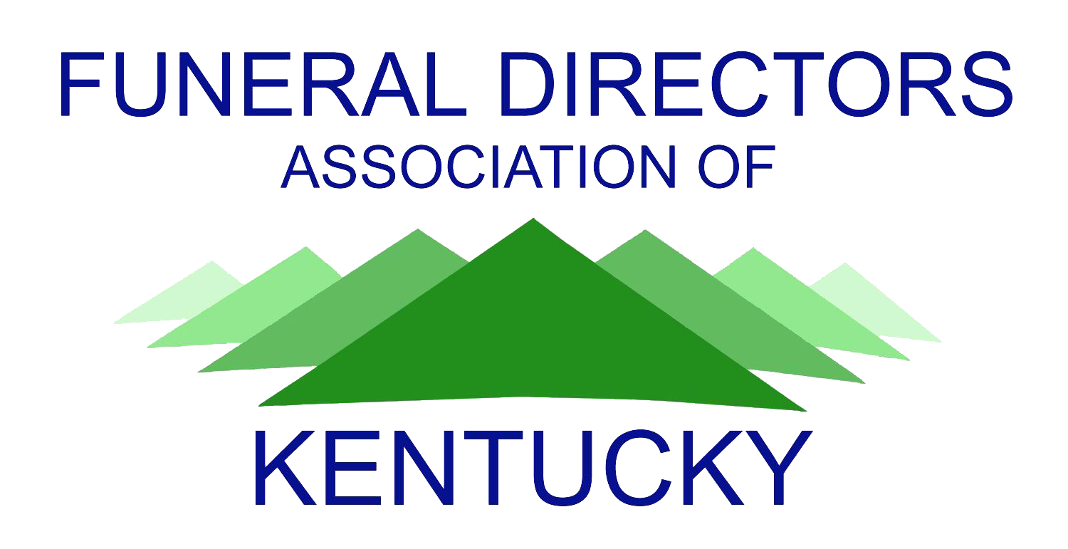 Logo: Funeral Directors Association of Kentucky. Green mountain range graphic, blue text.