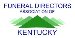 Logo: Funeral Directors Association of Kentucky. Green mountain range graphic, blue text.