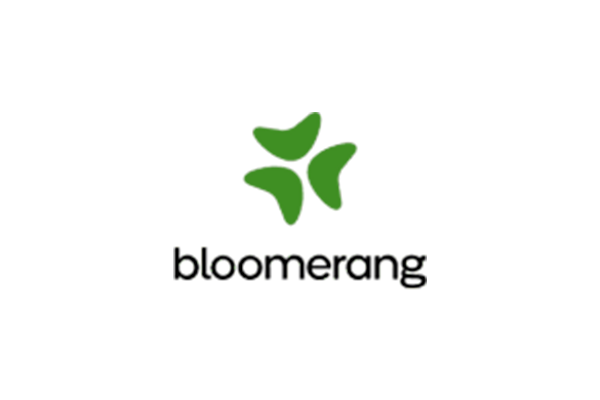 Logo for Bloomerang, featuring three green, boomerang-shaped leaves arranged in a circular pattern above the company name.