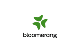 Logo for Bloomerang, featuring three green, boomerang-shaped leaves arranged in a circular pattern above the company name.