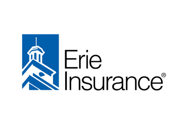 The blue and white Erie Insurance logo, featuring a graphic of a building cupola next to the company name.