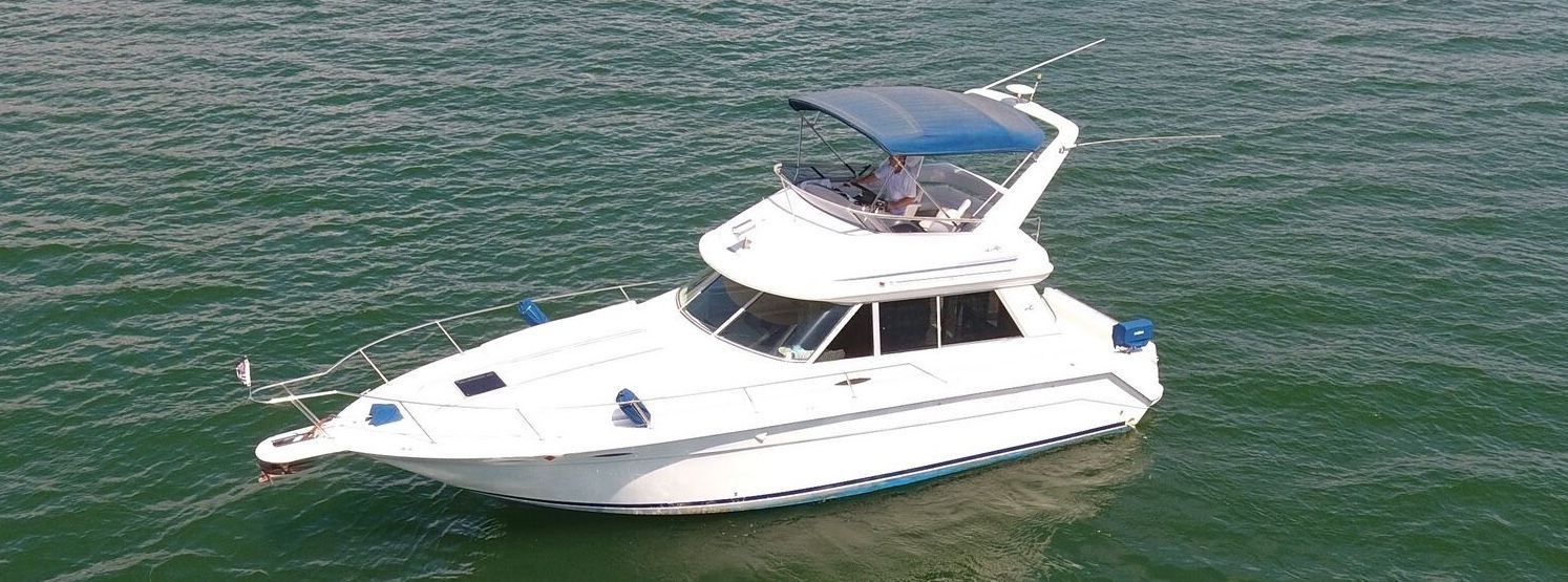 A white motor yacht with a blue canopy floating on calm green water.