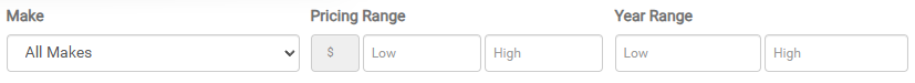 Search filter options for Make, Pricing Range, and Year Range.
