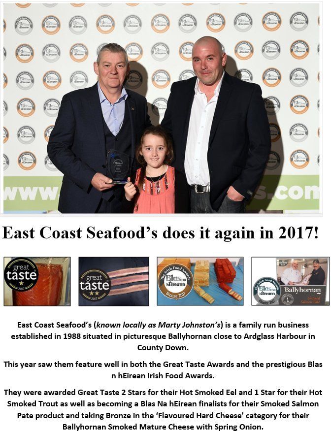 Two men and a girl pose with award logos. Text: East Coast Seafood, Ballyhalbert, Irish Food Awards.