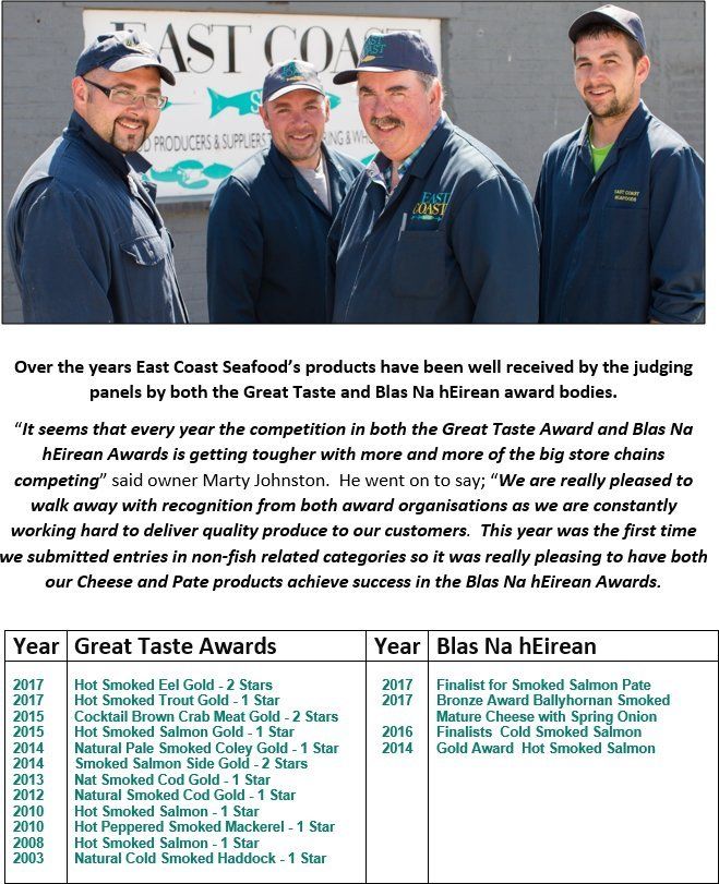 East Coast Seafood staff with awards list. Men in blue, text discusses taste awards.