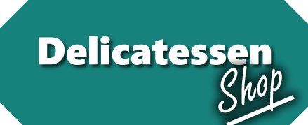 Delicatessen Shop logo, white text on a teal hexagonal background. 