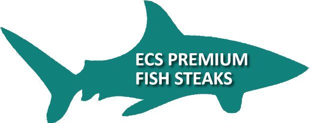 Logo of a teal shark shape with the text