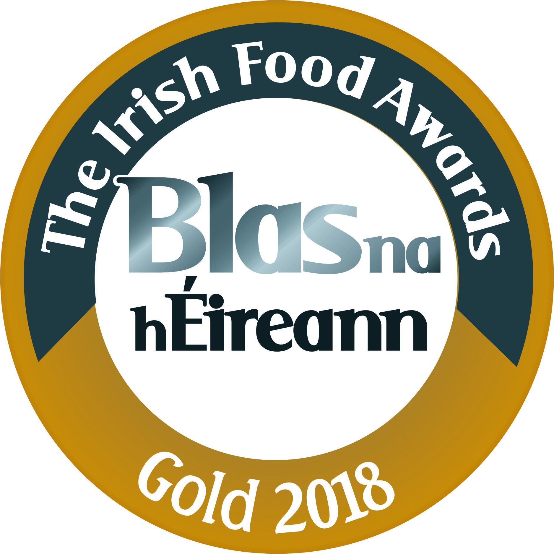 Irish Food Awards logo: gold, blue, and white circular badge with 