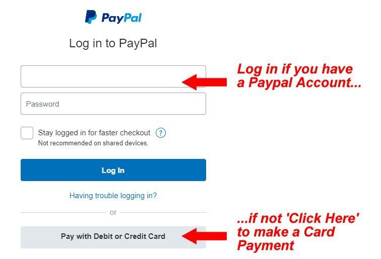 PayPal login page, with options to log in with an account or pay with a debit/credit card.