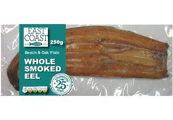 Smoked eel package. East Coast brand, 250g.  Whole smoked eel, brown color, on clear plastic wrap.