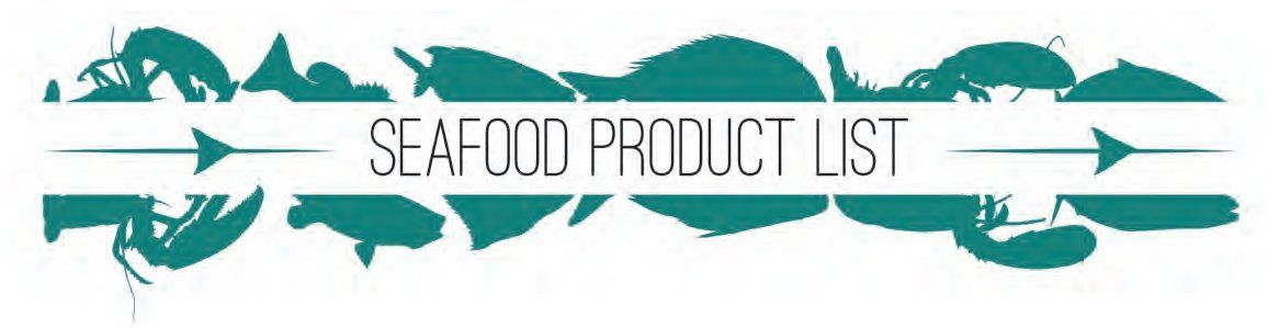 Seafood Product List graphic, with teal marine life silhouettes and text on a white banner.