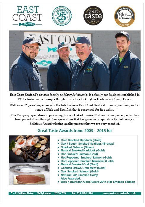 East Coast Seafood advertisement: men, smoked salmon, and award logos.