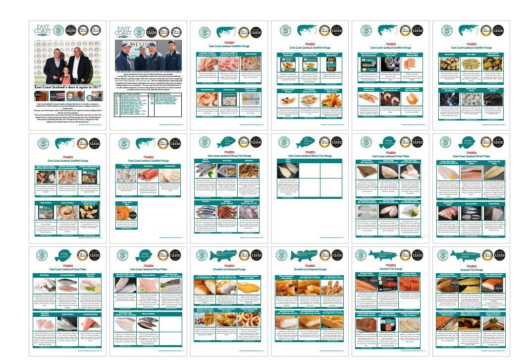 Brochure showcasing various seafood products; includes photos, charts, and text with a teal and white color scheme.