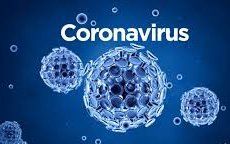 Blue image of coronavirus cells with the word 