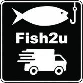 Black and white Fish2u logo: fish on a hook above the text, with a delivery truck below.