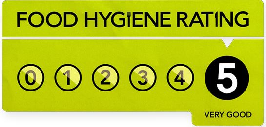 Food hygiene rating graphic showing a score of 5 (very good).