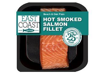 East Coast Hot Smoked Salmon Fillet in a black tray, teal label, celebrating 25 years.
