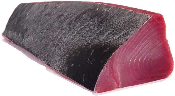 Raw tuna steak, showing deep red flesh with a dark, textured exterior.