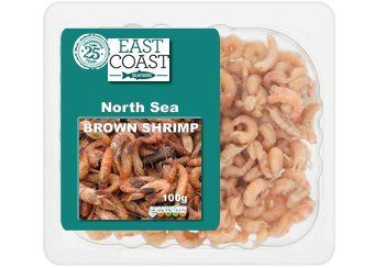 Package of North Sea brown shrimp from East Coast Seafoods, in a clear plastic tray.