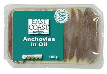 East Coast Seafood anchovies in oil, 100g, teal label on plastic container.