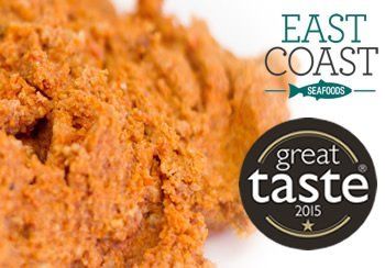 Close-up of orange-red seafood product; East Coast Seafoods logo with