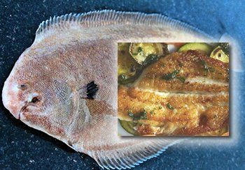 Flatfish, likely a flounder, next to a close-up of a cooked fish fillet with vegetables.