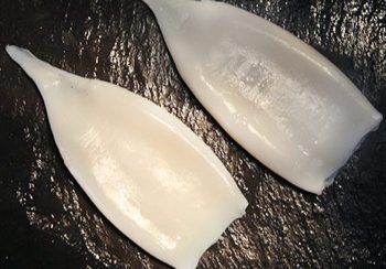 Two raw, cleaned squid bodies on a dark, wet surface, ready for cooking.