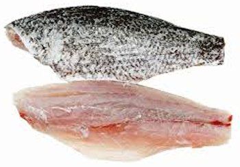 Fish fillet with skin on top, showing silver scales; below is the white, pink flesh.
