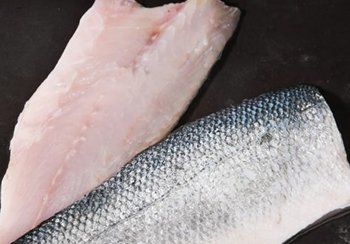 Raw fish fillet next to a piece of fish skin with silvery scales.