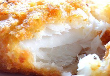 Close-up of fried fish fillet with flaky white meat and golden-brown crispy crust.