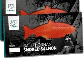 Two packages of Ballyhornan smoked salmon, with a salmon-shaped design, and a black and white background.