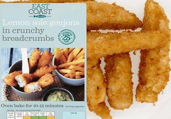 Box of East Coast lemon sole goujons in breadcrumbs next to cooked goujons.