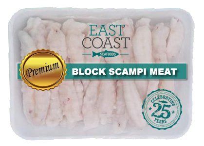 White tray of East Coast Seafoods block scampi meat with gold 