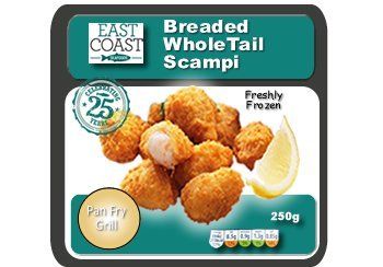 East Coast breaded whole tail scampi, frozen, with lemon, 250g.