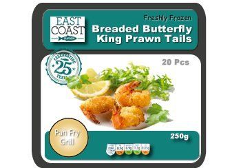 Box of East Coast breaded butterfly king prawn tails, 20 pieces, 250g. Green label with prawns, lemon, and greens.