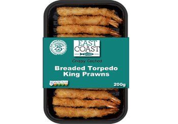 Tray of East Coast crispy coated breaded torpedo king prawns.