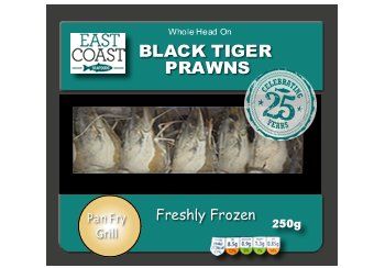 Black tiger prawn package, freshly frozen, 250g, pan fry/grill, celebrates 25 years.