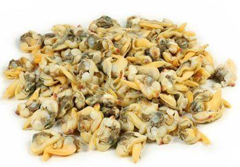 Heap of cooked, shelled clams; light brown and beige, piled on white.