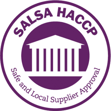 Purple SALSA HACCP certification logo with a building illustration. 