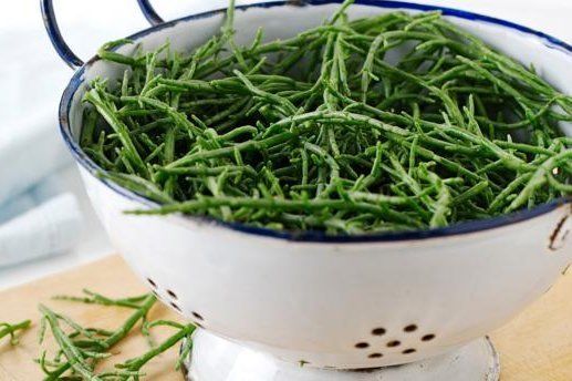 Green samphire in a white colander with blue rim on a wooden surface.