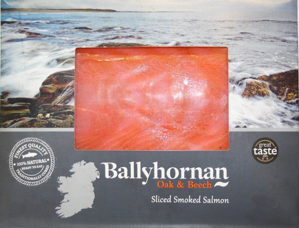 Ballyhornan sliced smoked salmon, oak & beech. Salmon on box with ocean scene, 