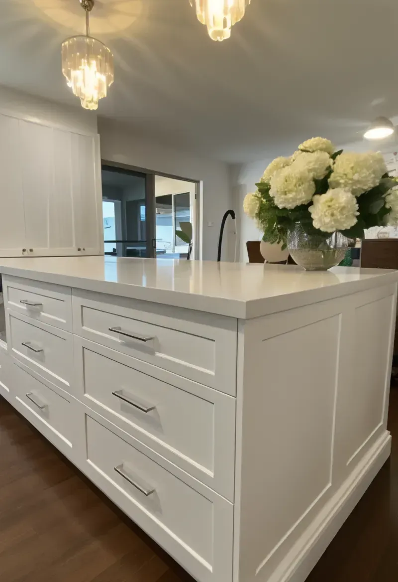 White bedroom with a bed, nightstands, and French doors. The room has a rug, hardwood floors, and a chandelier.  — Caprice Cabinets in Coolum Beach, QLD