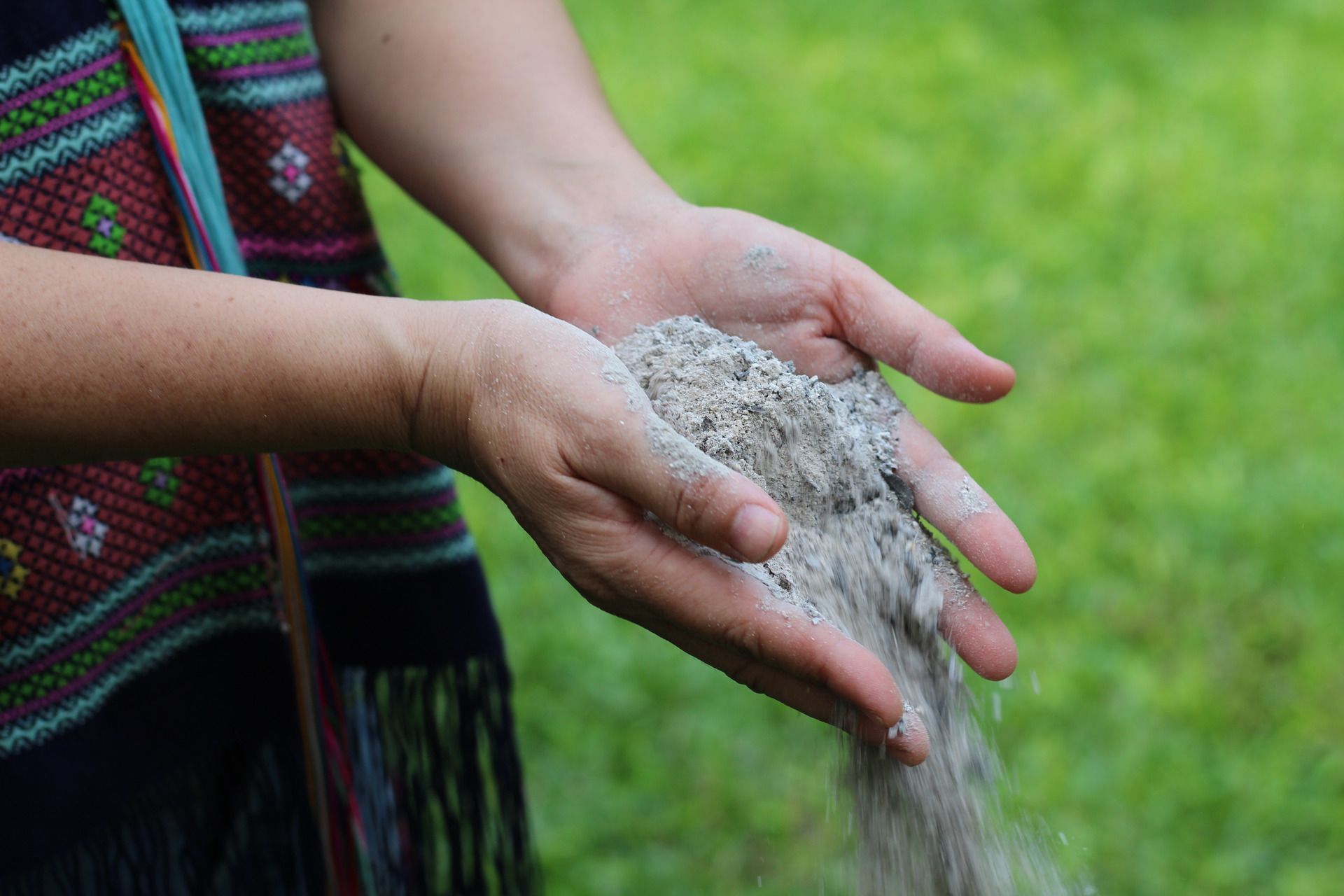 Hands cupped, holding and releasing gray ash against a green grassy background.